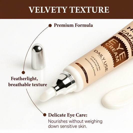 Eye cream bottle with text highlighting features on a white background