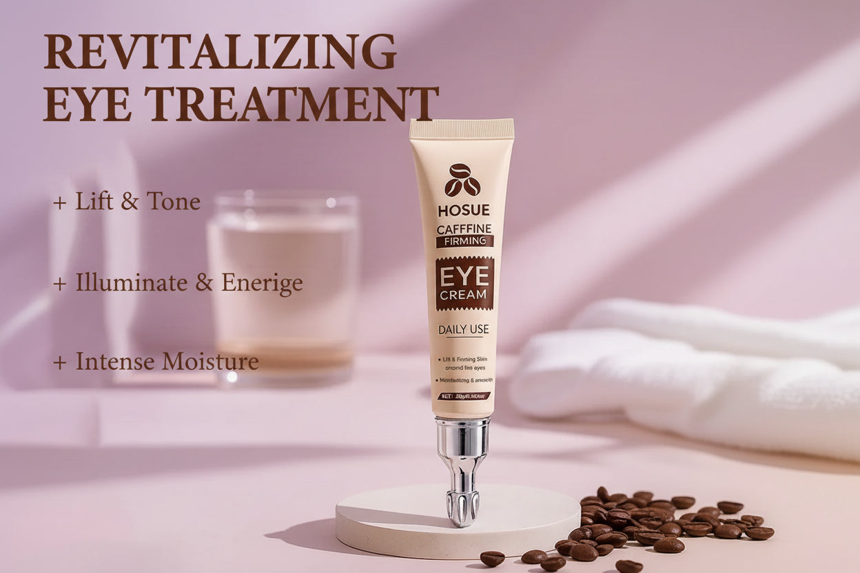 Hosue caffeine firming eye cream with coffee beans on a beige background