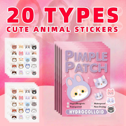 Cute animal stickers and pimple patch packaging on a pink background with text '20 Types Cute Animal Stickers' and 'Pimple Patch'.