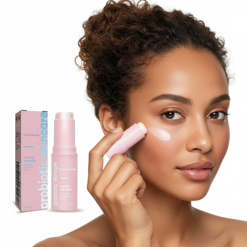 Rosehip Eye Balm with packaging and a model wearing eye patches, branded as West&Month.