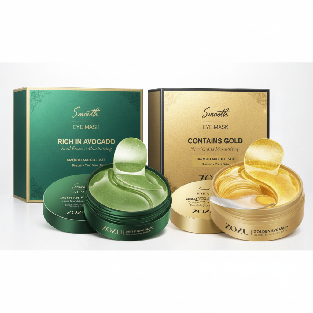 ZOZU eye mask packaging with green and gold boxes and containers on a white background