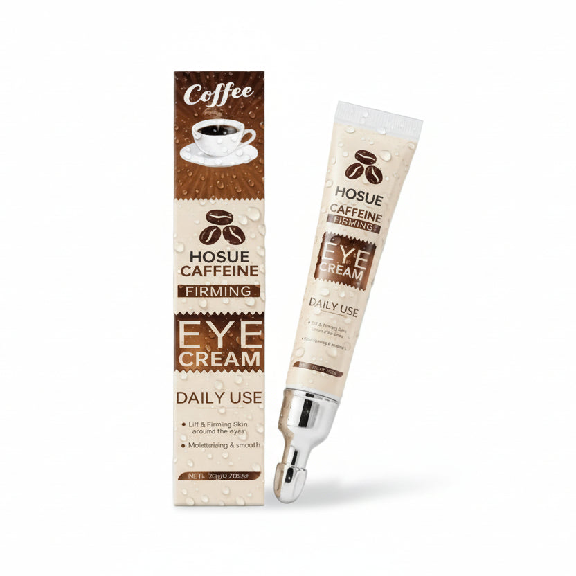 Hosue Caffeine Firming Eye Cream packaging with coffee-themed design on a white background