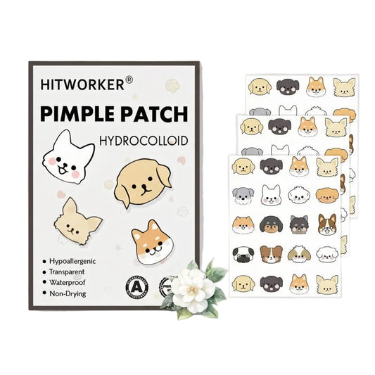 Pimple patch hydrocolloid packaging with cartoon dog designs on a white background