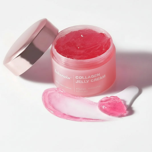 Collagen jelly cream jar with pink gel texture on a white background