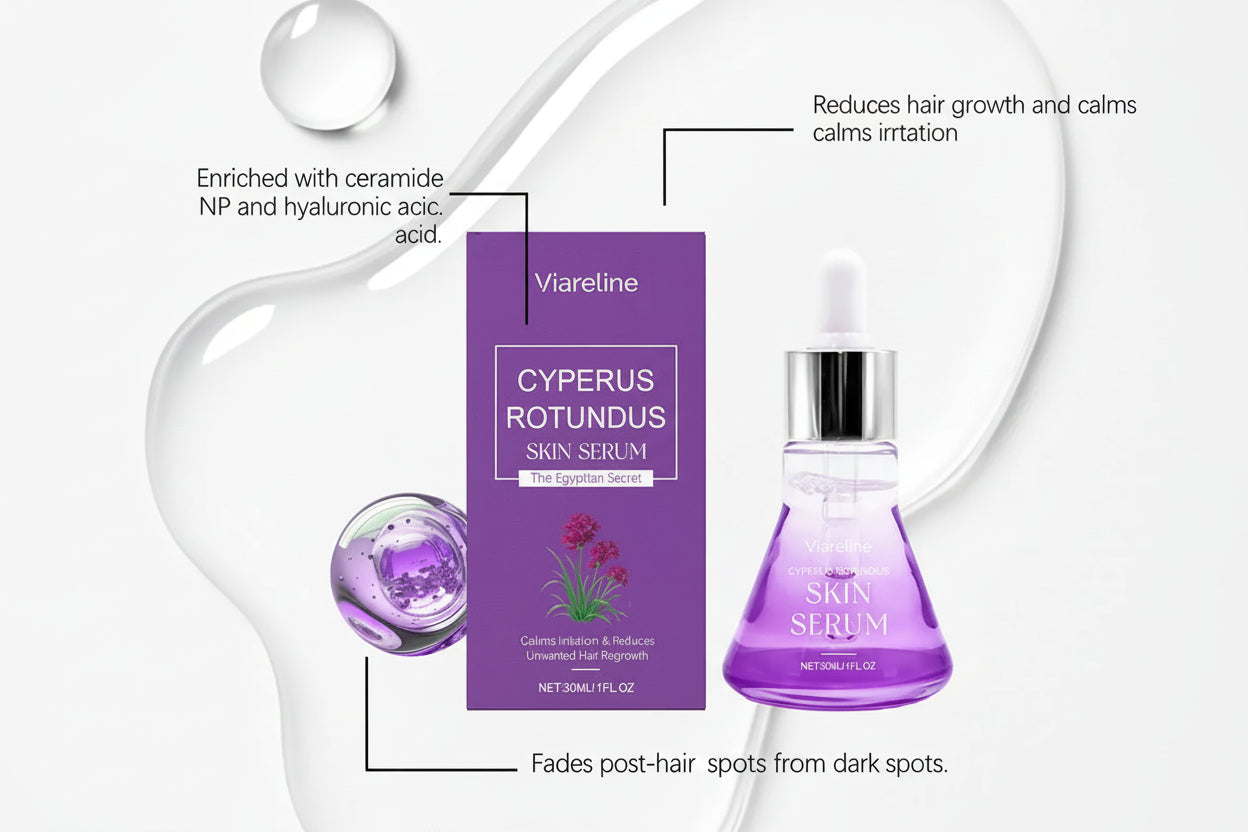 Viareline Cyperus Rotundus Skin Serum packaging and bottle on a white background