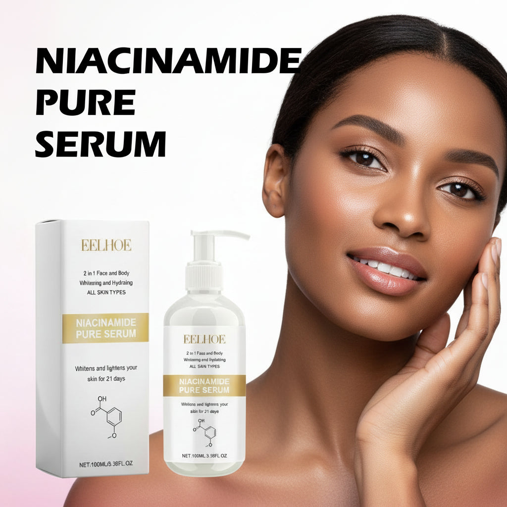 Felho Niacinamide Pure Serum with packaging and a model applying the serum.