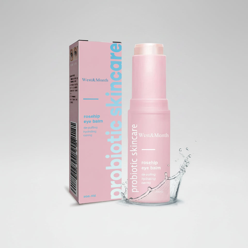 Pink probiotic skincare eye balm packaging with box on a white background