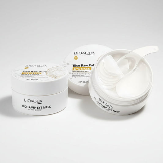 Bioaqua Rice Raw Pulp Eye Mask container with a spoon on a beige background