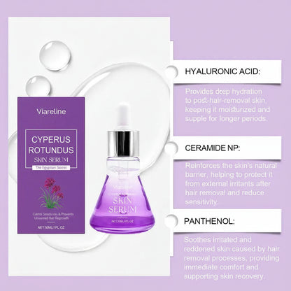 Viareline Cyperus Rotundus Skin Serum with product packaging and benefits on a purple background