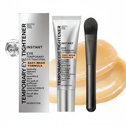 Eye tightening product with packaging, tube, brush, and swatch on a light gray background.