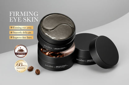 Sadoer eye gel pads with coffee beans on a brown background