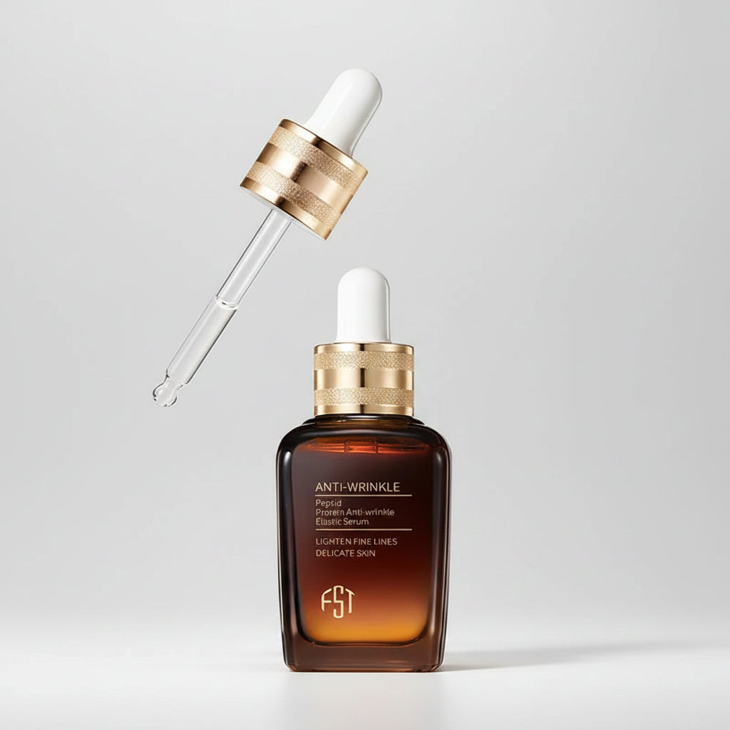 Anti-wrinkle serum bottle with dropper on a white background