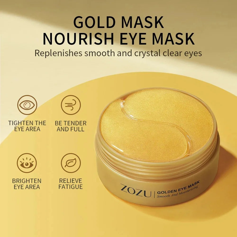 ZOZU Gold Mask Nourish Eye Mask jar on a yellow background with text and icons.