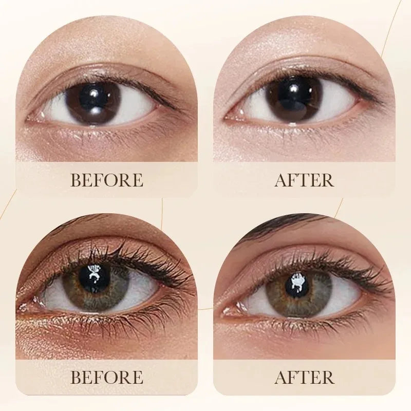 Before and after comparison of eye makeup application on a beige background