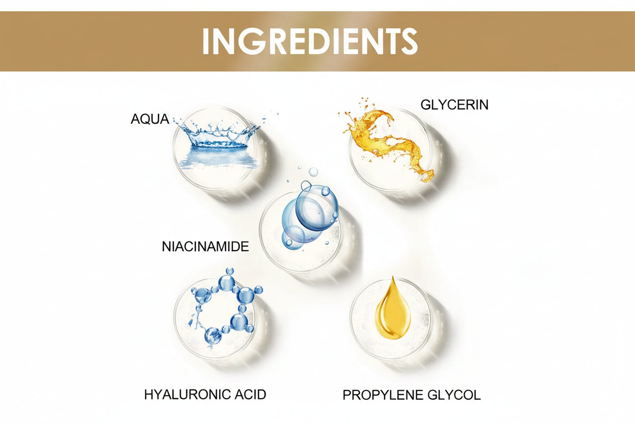 List of skincare ingredients with corresponding icons on a white background