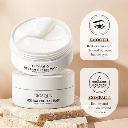 Two Bioaqua rice raw pulp eye masks on a beige background with product benefits displayed.