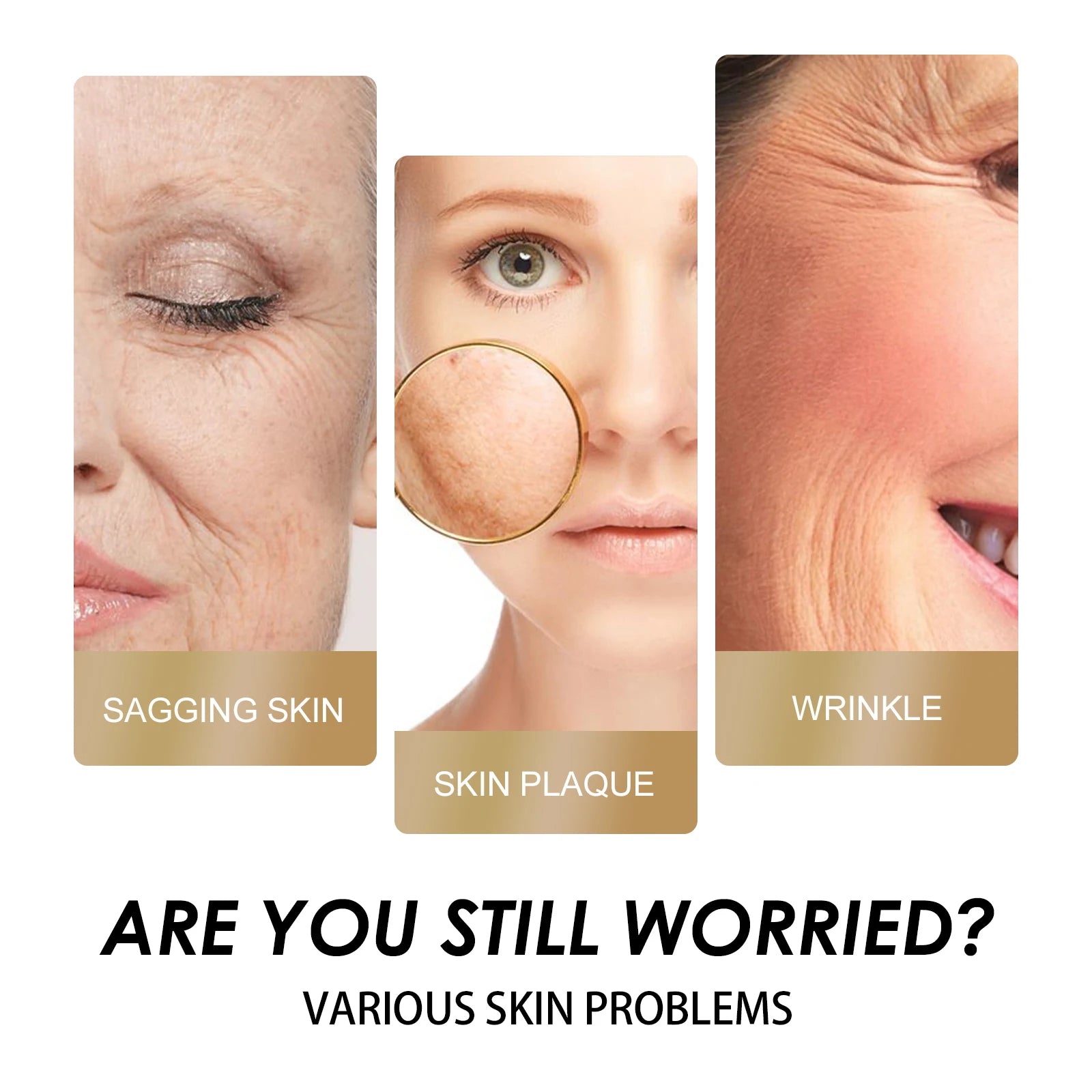 Illustration of skin issues including sagging skin, skin plaque, and wrinkles with text questioning worry.